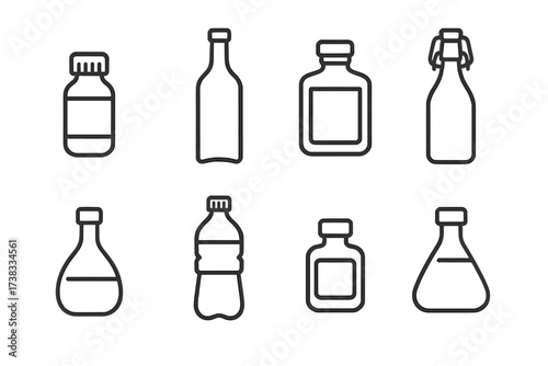 Bottle line icon set. Water, drink, beer, wine, medicine, pharmacy, chemistry lab container. Vector outline symbol collection. Simple pictogram pack with editable stroke.