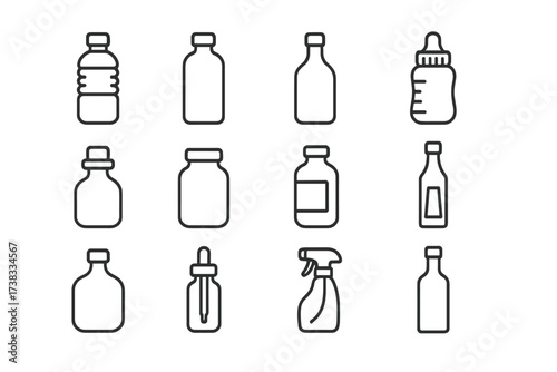 Bottle line icon set. Vector container outline collection. Water, drink, medicine, cosmetic, spray, dropper, baby bottle, jar pictogram. Editable stroke graphic symbols pack.