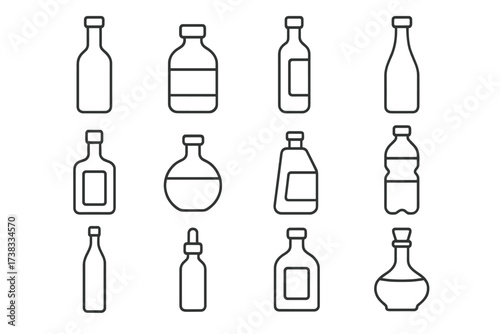 Bottle line icon set. Vector collection of various containers like water, wine, medicine, alcohol, juice. Simple outline design with editable stroke. Minimalist symbols for web.