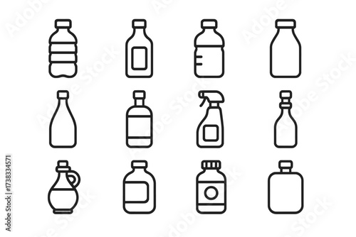 Bottle and container thin line icon set. Vector pack of plastic, glass, spray, medicine, and drink bottles. Editable stroke outline pictogram for web, apps, and infographics.
