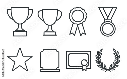 Outline of trophies and awards: cups, medals, star, plaque, certificate, laurel wreath