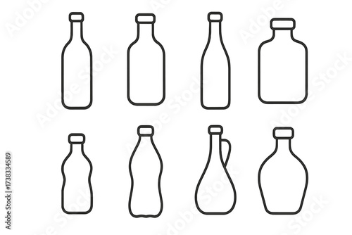 Bottle thin line icons collection. Vector set of various container shapes like glass, plastic, jar, and flask. Simple outline graphic for water, wine, oil, juice. Editable stroke.