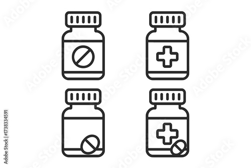 Pill bottle medicine icon set. Pharmacy drug container symbols. Medical healthcare concept. Prescription medication, vitamins, supplements. Treatment, cure, addiction. Vector.