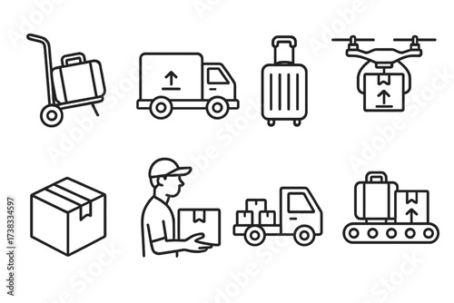 Delivery and shipping line icon set. Logistics and transportation vector symbols. Package, truck, drone, courier, box, and conveyor belt icons for web and apps. Editable stroke.