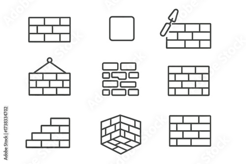 Brick wall thin line icon set. Vector collection of construction and building symbols. Masonry, brickwork, and trowel signs for web, apps. Editable stroke cartoon illustration.