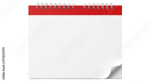 Isolated calendar page with red trim, on spiral binding, shows curled corner for design