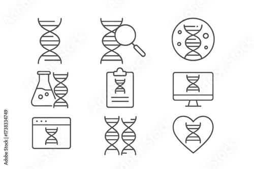 DNA and genetics line icon set. Gene, chromosome, and heredity concepts. Biology lab, medical research, biotechnology, and science analysis. Editable stroke vector icons.