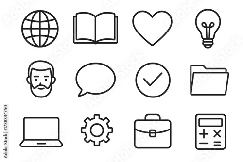Business and web thin line icon set. Universal vector symbols for app interface, website design. Editable stroke. Globe, book, idea, user, chat, checkmark, laptop, briefcase icons.