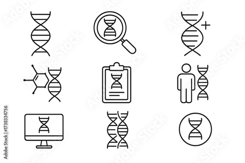 DNA line icon set. Genetics, science and biotechnology outline pictograms. Gene engineering, helix research, genetic test and analysis. Editable stroke vector illustration.