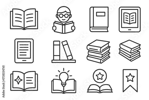Book and reading thin line icon set. Library, education, literature concepts. Symbols for knowledge, learning, ebook, bookmark, bookstore. Vector pictogram pack with editable stroke.