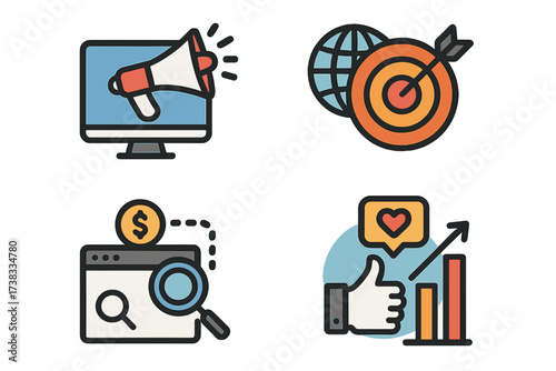 Digital marketing icon set. Vector flat illustration for business promotion. Online advertising, global target, SEO, PPC, social media engagement, customer growth strategy concept.