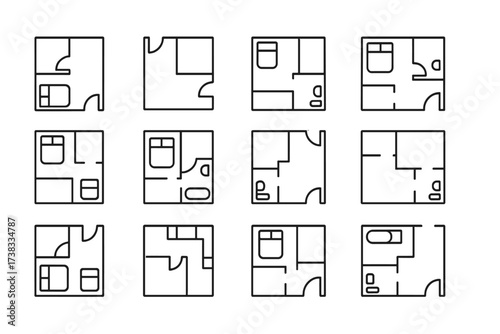 Floor plan icon set. Architecture and interior design thin line icons. House plan, furniture, blueprint symbols for web and app. Editable stroke vector illustration collection.