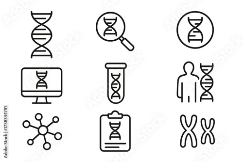 DNA genetics line icon set. Gene, chromosome, research, analysis, lab test. Science, biology, medicine vector. Editable stroke for web, app design, biotechnology concept.