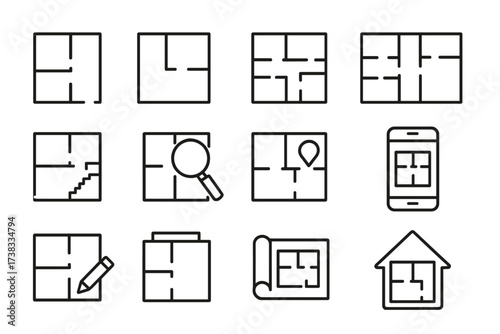 Floor plan thin line icon set. Architecture, blueprint, house layout symbols. Real estate, construction, engineering vector icons for web, app, UI, UX. Editable stroke.