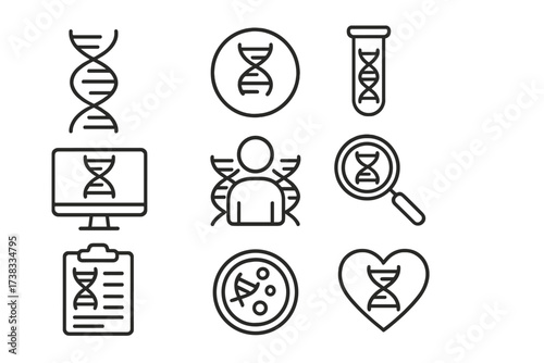 DNA line icon set. Genetics, biology, and science research symbols. Vector illustration of gene, chromosome, health care, and lab analysis. Editable stroke pictogram.