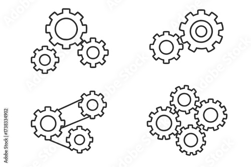 Gear and cogwheel line icon set. Engineering and technology concept. Vector mechanism illustration of mechanical system, teamwork, process connection. Editable stroke.