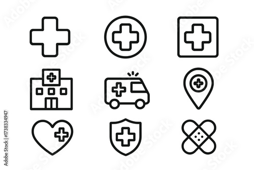 Medical icon set with hospital, ambulance, first aid cross, and health symbols. Vector line art bundle for healthcare, web, and apps. Editable stroke cartoon illustration.