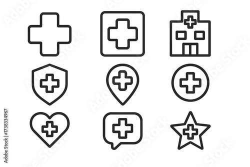 Medical cross icon set. Healthcare and hospital thin line symbols. Vector collection of clinic, pharmacy, emergency and first aid signs. Editable stroke. Outline pictograms.