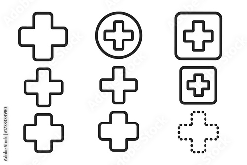 Medical cross plus sign icon set. Hospital first aid and pharmacy symbol collection. Health care emergency simple line icons. Editable stroke vector graphic for web, app.