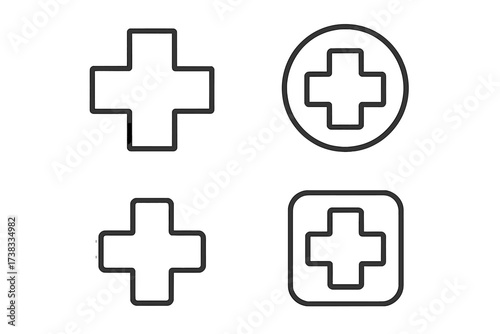 Medical cross icon set for emergency, first aid, and hospital use. Health, medicine, plus sign symbols. Vector line icons for UI design, websites, and apps. Editable stroke.