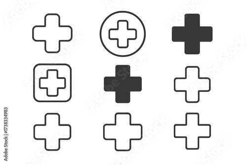 Medical cross icon set. Hospital plus symbol collection. First aid, health, emergency and pharmacy sign. Vector illustration for web, apps. Editable stroke line icons.