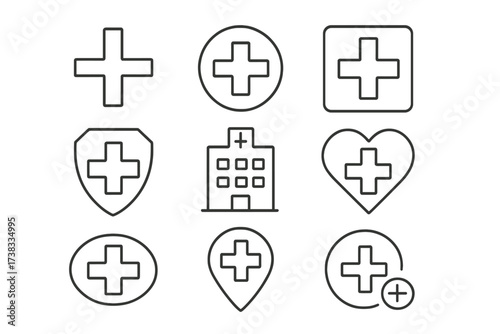 Medical cross and hospital symbol icon set. Health care, medicine, and emergency icons. Vector line art illustration for web and apps. Editable stroke. Clinic & pharmacy.