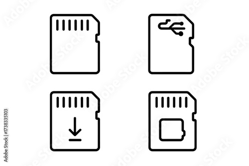 MicroSD memory card line icon set. Data storage, transfer, and download symbols. Flash memory, USB connection, and adapter concepts. Vector outline illustration with editable stroke.
