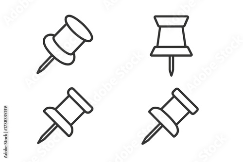 Pushpin thin line icon set. Thumbtack and drawing pin vector collection. Office stationery supply symbol. Editable stroke. Map location, reminder, notice tack illustration.