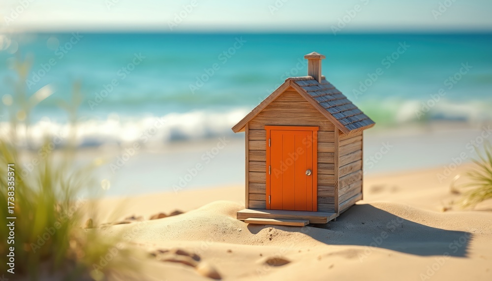 Obraz premium Small wooden beach hut with bright orange door sits on sandy shore. Gentle waves lap at blue ocean water under clear sky. Serene seaside scene invites calm relaxation and simple getaways.