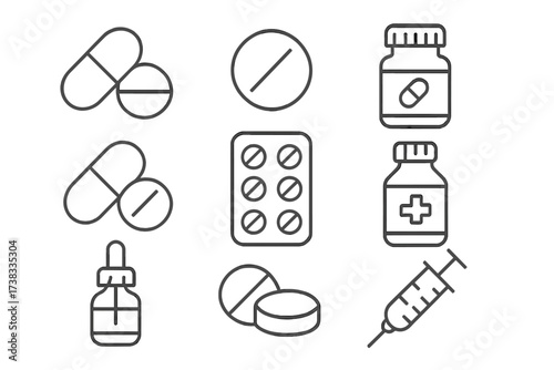 Medicine and pharmacy line icon collection. Pills, capsules, tablets, injection syringe, and bottle symbols. Healthcare and treatment vector set with editable stroke for web design.
