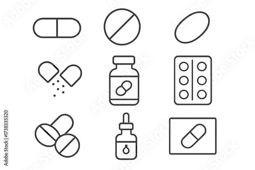 Pills and medication simple line icons collection. Pharmacy, healthcare, medicine symbols. Vector set of drug, tablet, capsule, bottle, and blister pack icons. Editable stroke.