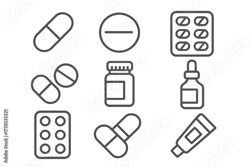 Pills and medication simple line icons collection. Vector set of healthcare and pharmacy symbols. Includes capsule, tablet, bottle, and blister pack. Editable stroke for web.