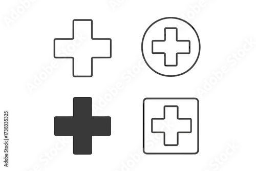 Medical cross, plus sign icon set. First aid, hospital, emergency, pharmacy symbol. Health care thin line icons. Medicine concept logo. Vector graphic for web, ui, ux, app.