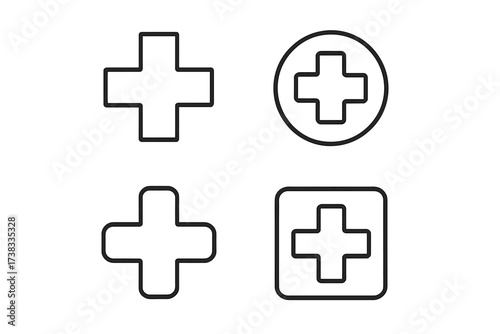 Medical cross plus sign line icon set. Health care symbols for first aid, hospital, pharmacy. Simple emergency plus logo. Vector illustration with editable stroke for web, app.