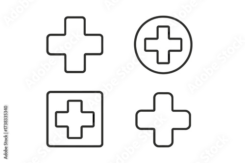 Medical cross thin line icon set. First aid and healthcare plus signs. Emergency hospital and pharmacy symbols. Simple vector graphic element collection for web, app, logo.