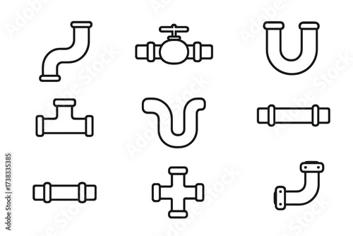 Pipe and plumbing line icon set. Collection of pipeline, valve, tube and fitting vector icons. Simple outline symbols for industrial water and gas systems. Editable stroke.