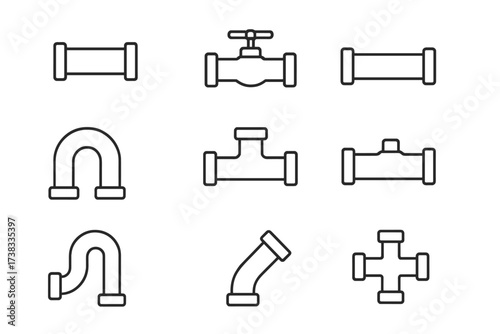 Pipe collection thin line icons. Editable stroke vector set. Plumbing and pipeline construction symbols. Water tube, gas valve, drain system. Industry connection elements.