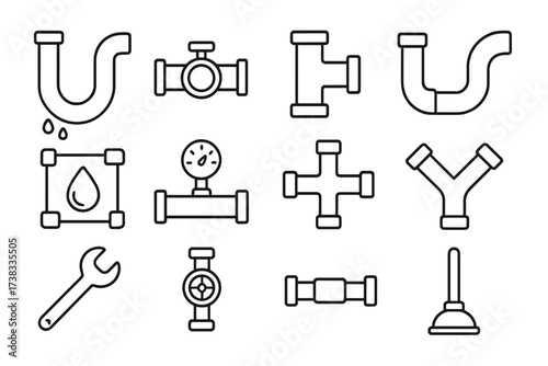 Plumbing service line icon set. Pipe and pipeline construction elements. Water supply, repair symbols. Vector outline icons of pipes, valve, wrench, gauge, plunger, fittings.