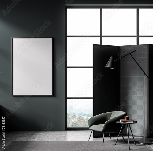 Fotografie Empty poster template in modern interior with armchair, floor lamp, and window,