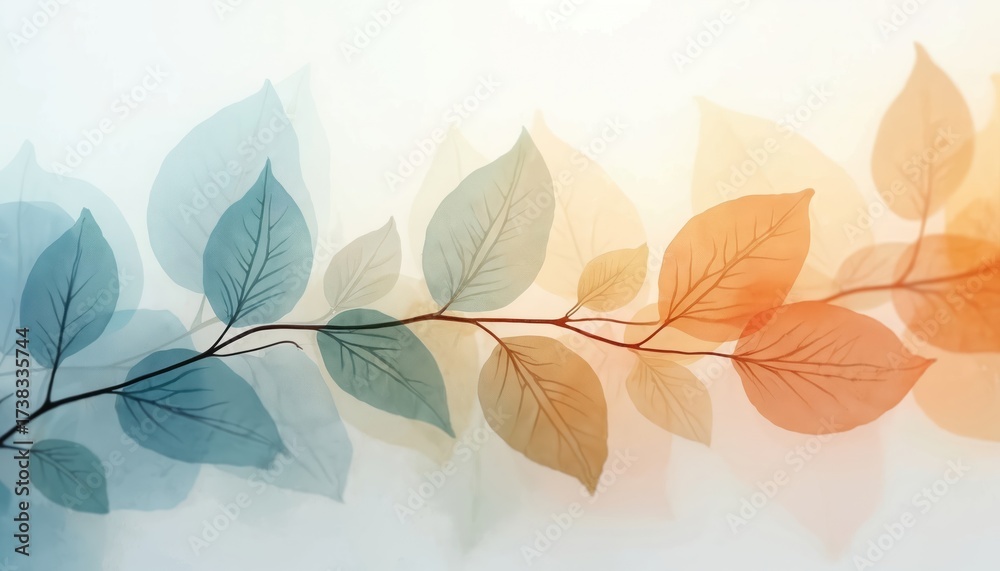 Fototapeta premium Abstract branch with transparent leaves in pastel blue, orange hues. Soft light creates gentle gradient effect. Delicate veins visible on foliage. This design suits backgrounds, decor, nature themes.
