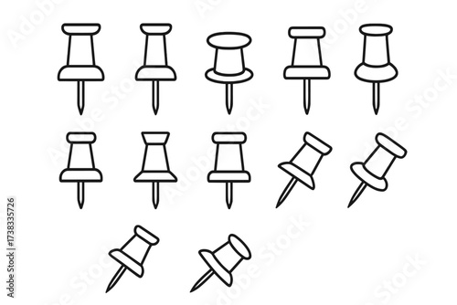 Push pin line icon set for school & office supplies. Thumbtack vector collection for marking map locations, reminders on cork boards or for web, book & app design.