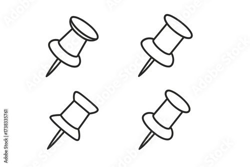 Push pin line icon set. Simple isolated thumbtack collection for school and office. Vector drawing pin graphic for web, apps, cards, and books. Editable stroke illustration.