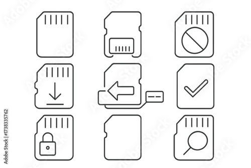 Memory card line icon set. SD and MicroSD data storage thin line symbols. Vector icons for web and apps. Includes transfer, download, security lock, search, and error signs.