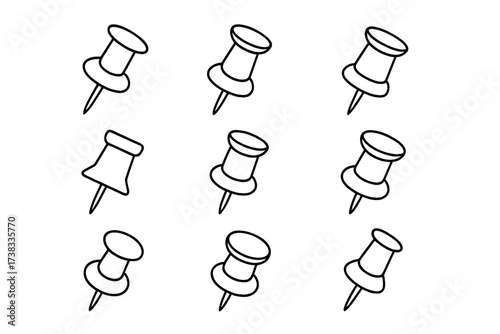 Push pin thumbtack simple line icon set. Office and school stationery collection. Vector outline illustration for web, apps. Editable stroke map marker and reminder symbol.
