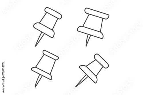 Push pin and thumbtack thin line icon collection. Vector outline illustration for school & office. Editable stroke icons suitable for web, apps, books, cards & noticeboard.