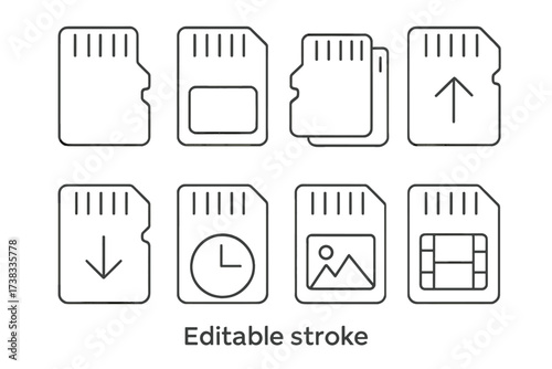 Memory card & SIM line icon set. Data storage, mobile communication chip. Micro SD card outline icons for web & apps. Editable stroke vector pictograms. Phone memory.
