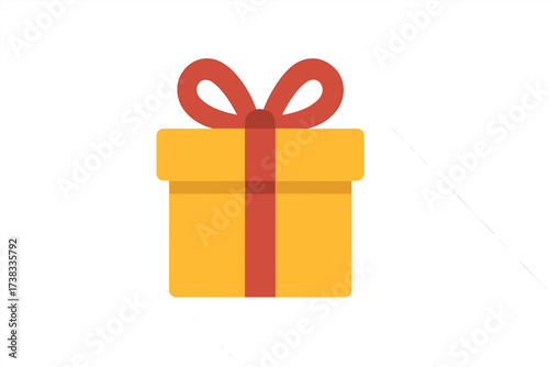 Gift box icon with a red ribbon bow. Flat design vector illustration with a long shadow. Present for a birthday or holiday celebration. Surprise package for a special occasion or sale.