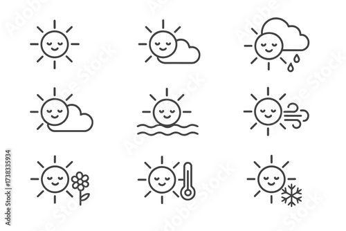 Cute sun character weather icon set. Thin line vector icons for forecast app. Sunny, cloudy, rain, wind, snow, hot, cold temperature symbols. Editable stroke cartoon signs.