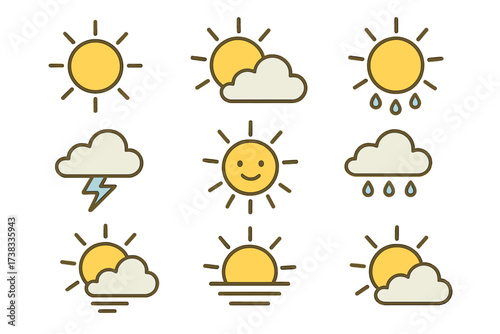 Weather forecast icon set with sun, cloud, rain, lightning. Simple cute cartoon vector symbols for meteorology app, website. Sunny, rainy, storm climate line icons collection.