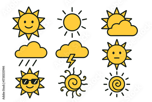 Weather forecast icon set with sun emoticons. Vector cartoon symbols for sunny, cloudy, rainy, and stormy climate. Editable stroke design for web, apps, and print media.